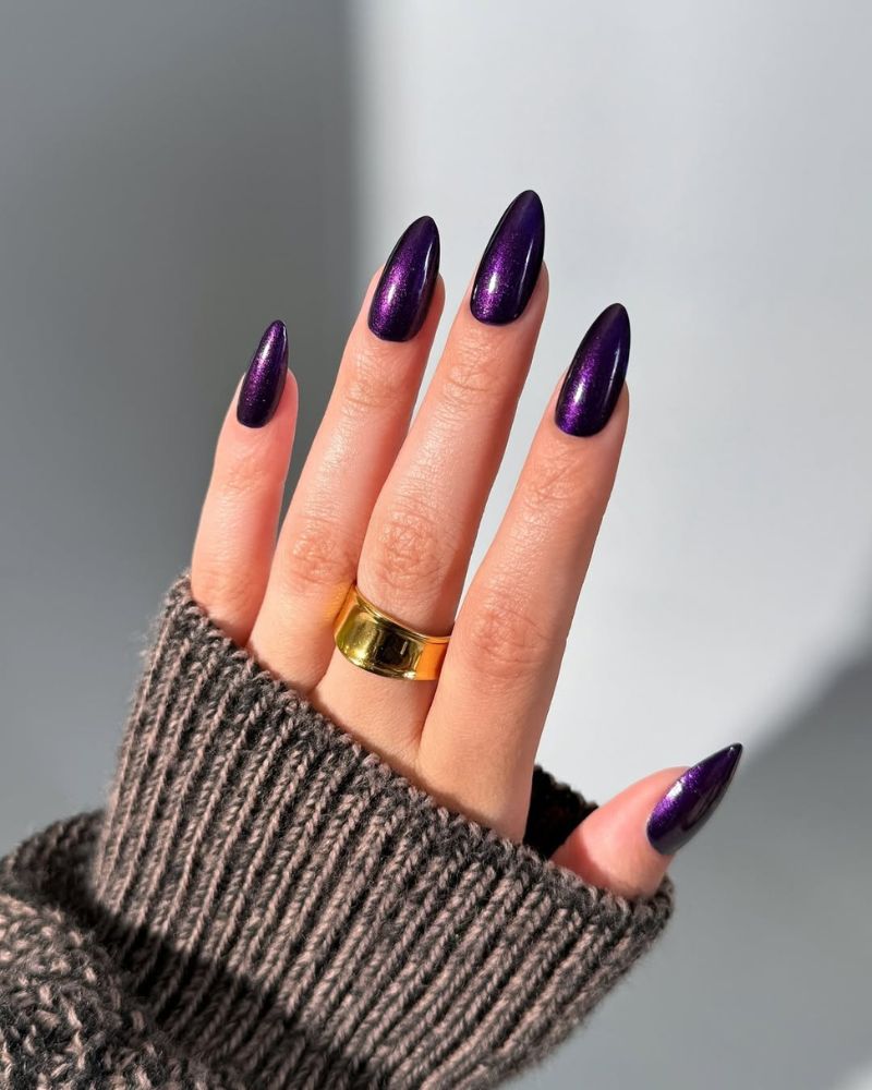 simple black purple nails on long almond base