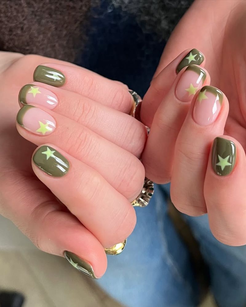 olive green nails with rounded square shape