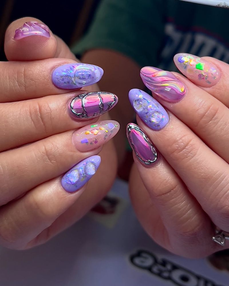 lavender nail design with chrome, glitter and 3d nail art