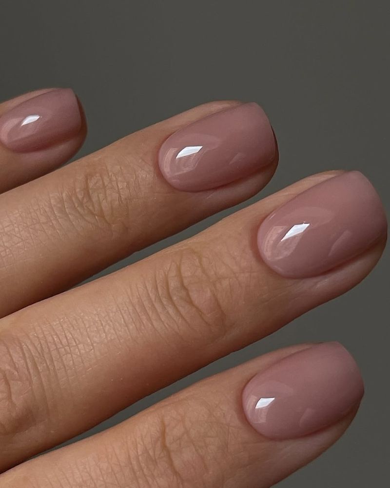 soap nails with a nude glossy finish, short square nails
