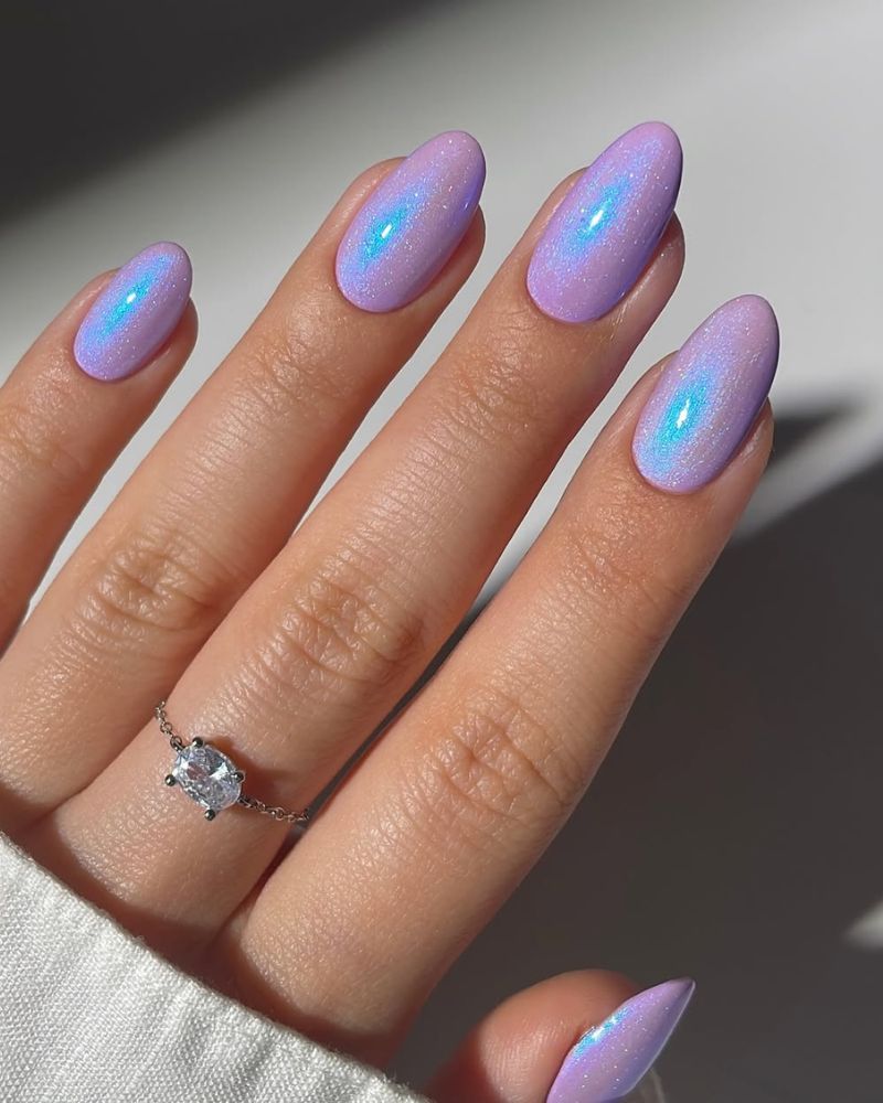 lavender shimmer on almond shape manicure