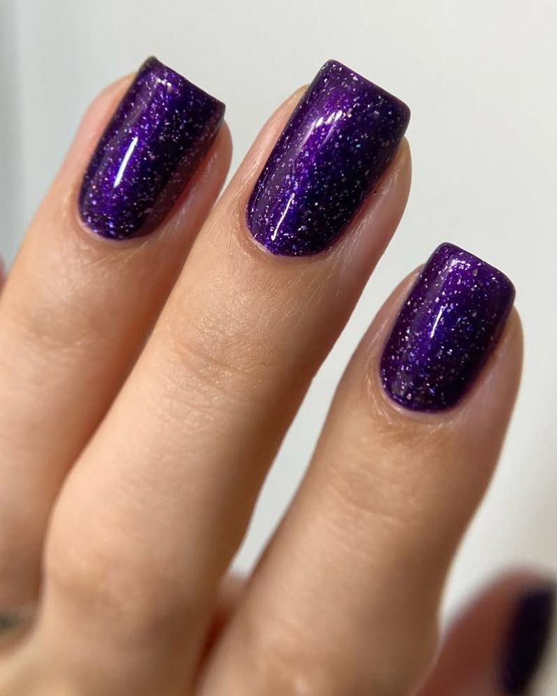 short square purple nails with glitter