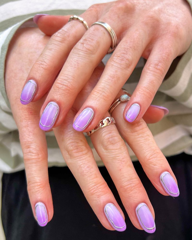 lavender gradient nails with silver nail art frames