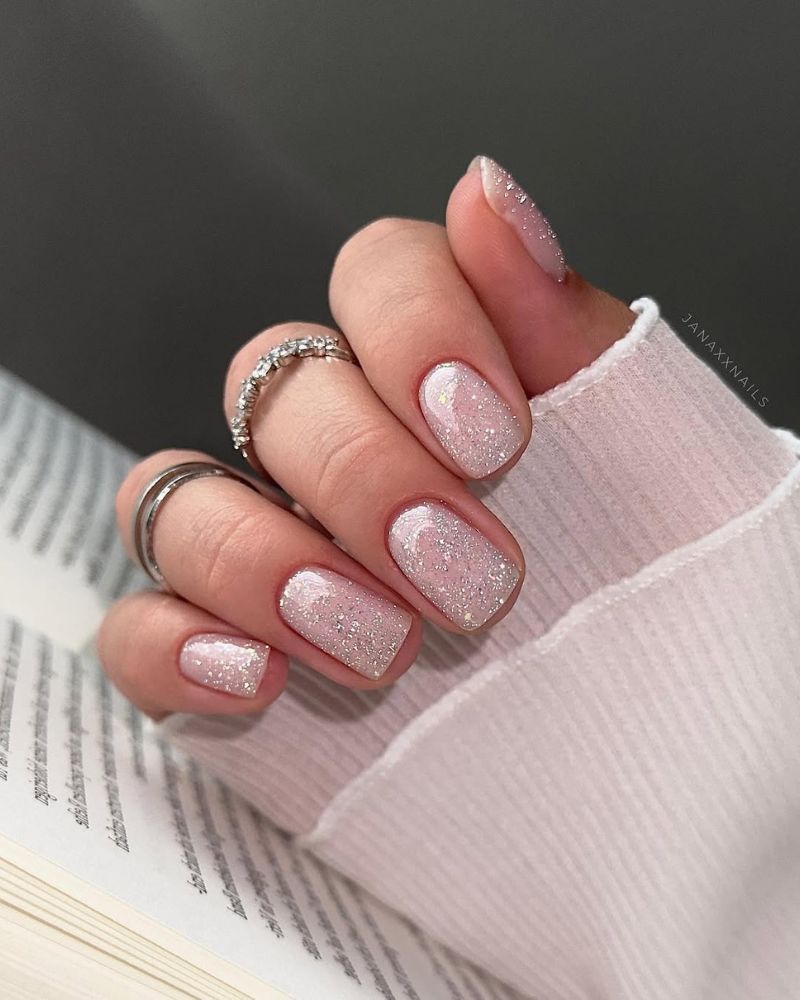 short square nails design with sparkly silver glitter
