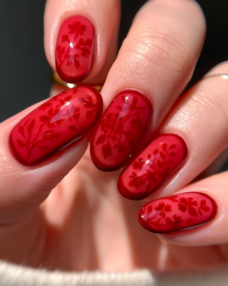 red springtime nail design and floral nail art