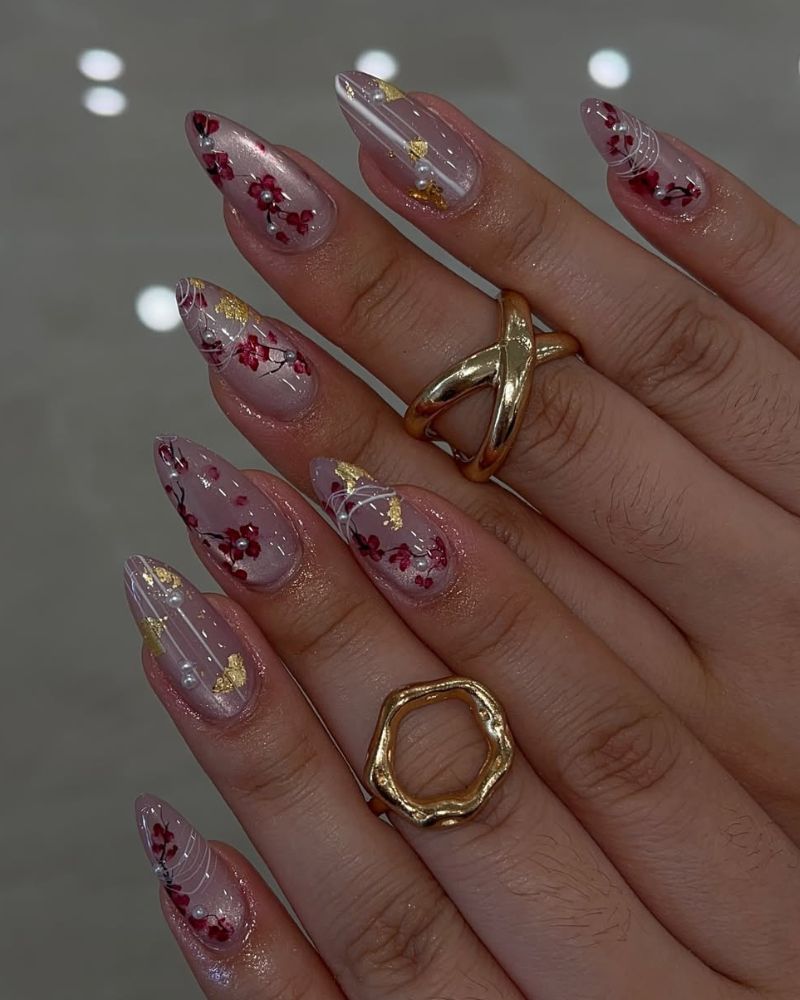 soft cat eye spring nails with cherry flower design