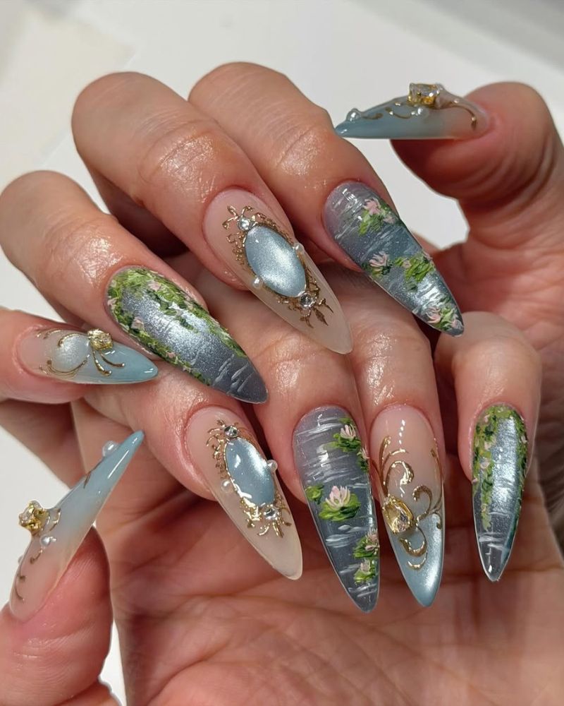 long stiletto nails with springtime nail design