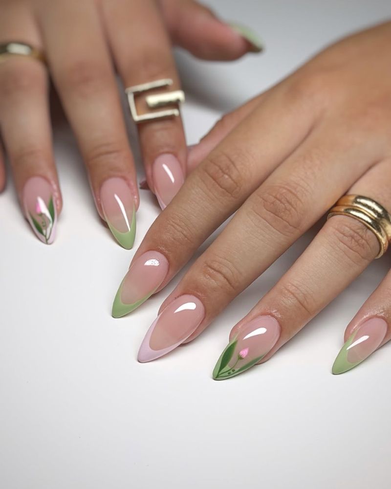 long stiletto nails with pink and green french tips