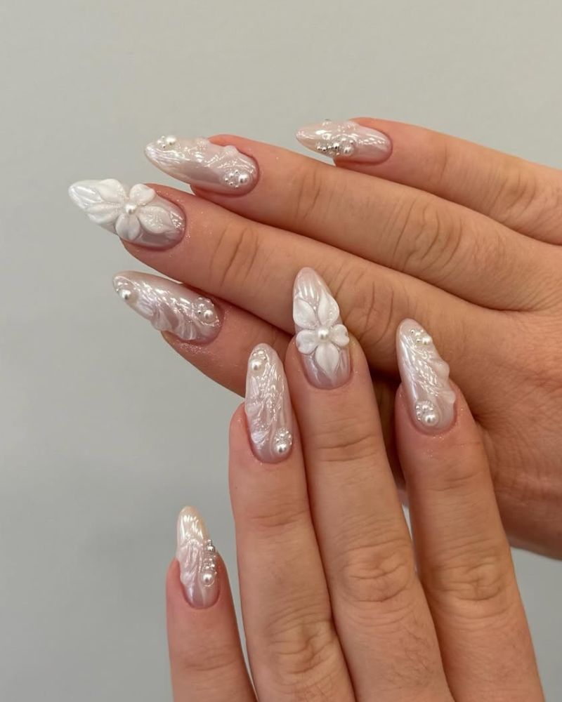 bridal spring nails with 3d nail art on long almond nails