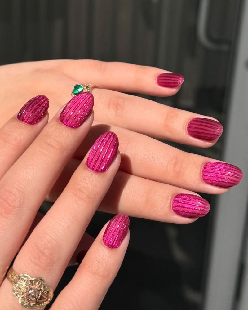 glass nails with pink nail art