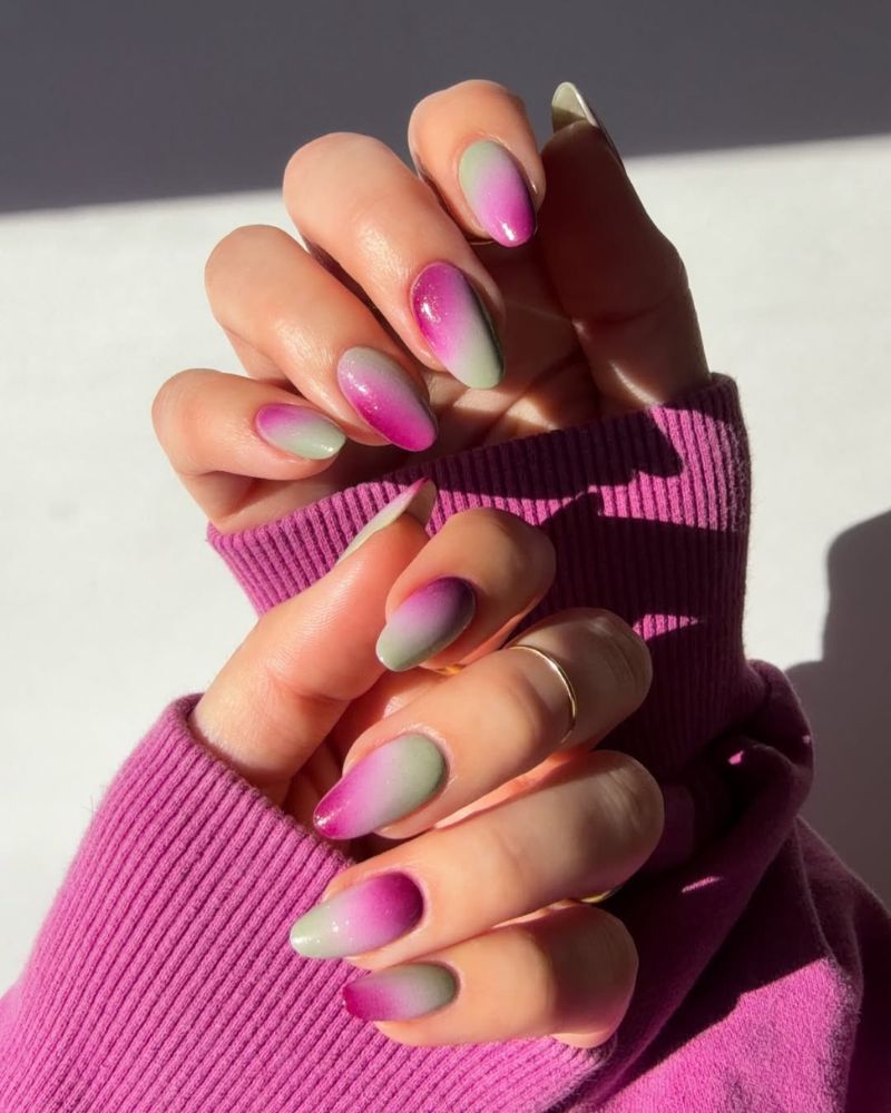 sage green simple nails for summer with pink purple aura design