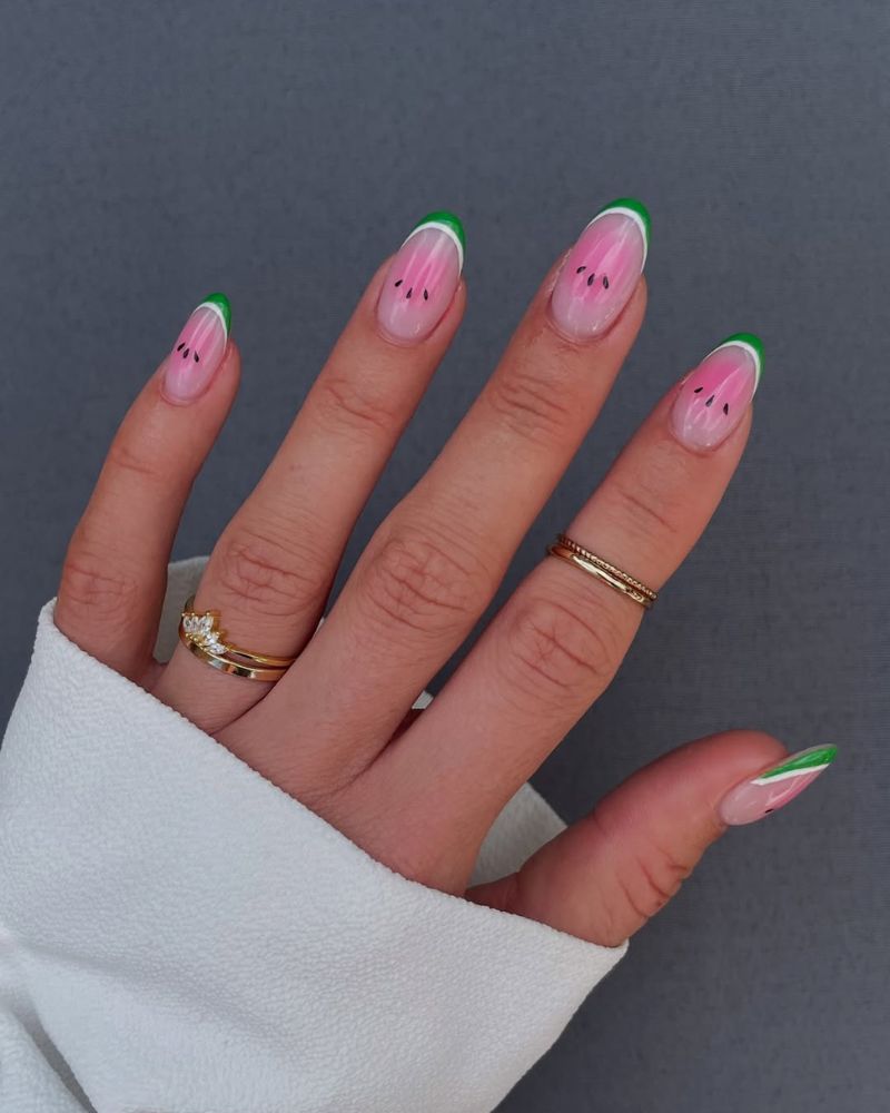 summer french tip nails designs watermelon themed with green tips white rind and pink ombre on almond nails