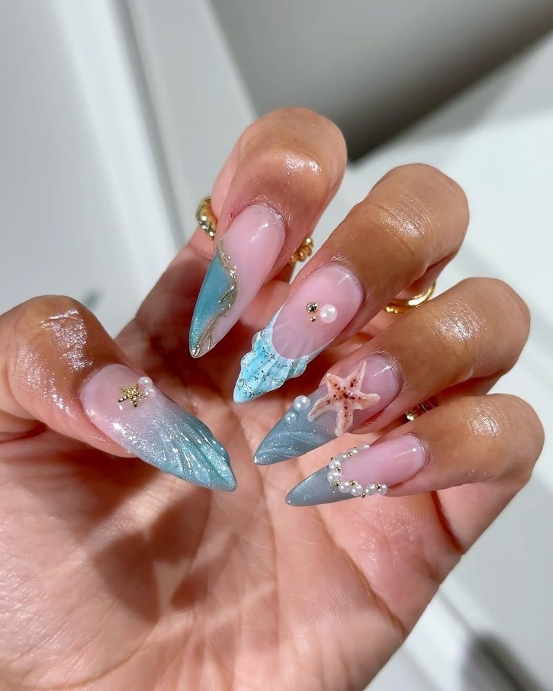 summer french nail art ocean 3D stiletto set with blue grey shimmer 3D starfish pearl chains and shell