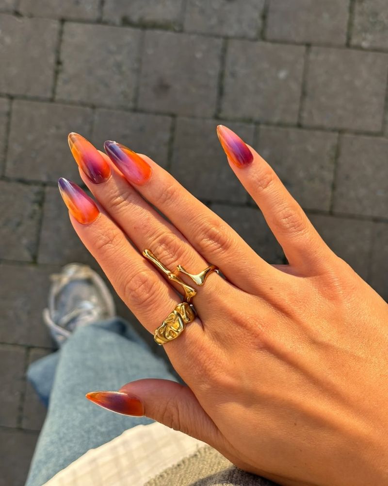 gel-x tips nails with orange and purple ombre for sunset manicure