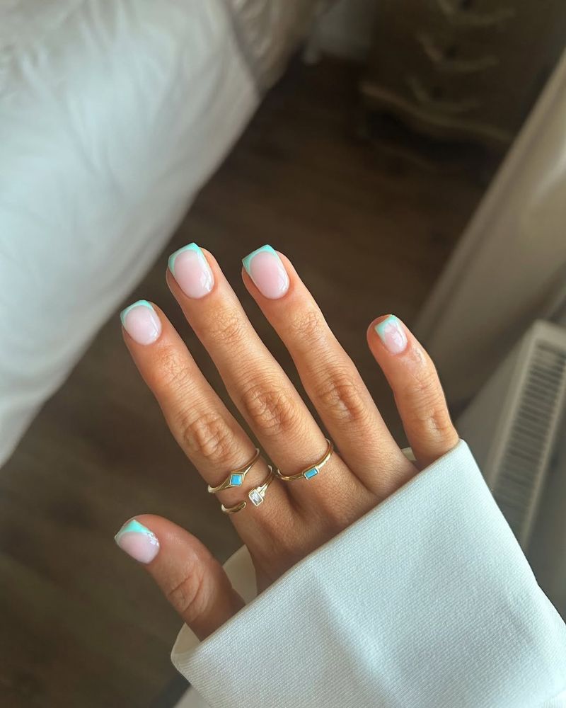 summer french tip nails designs in turquoise on short square nails minimal and clean