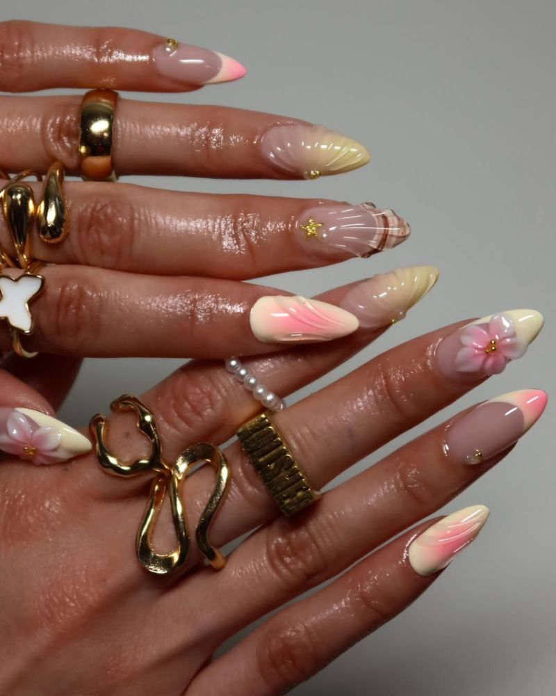 pastel yellow and pink long almond nails for simple summer nails