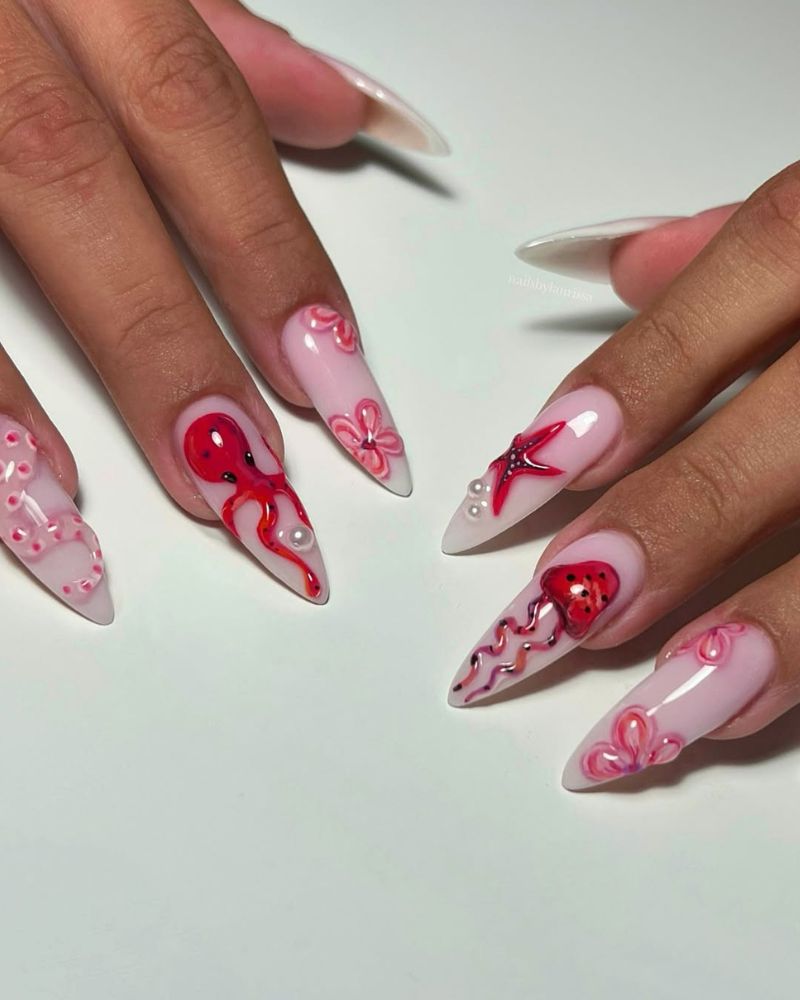 long stiletto nails with beach nail art designs