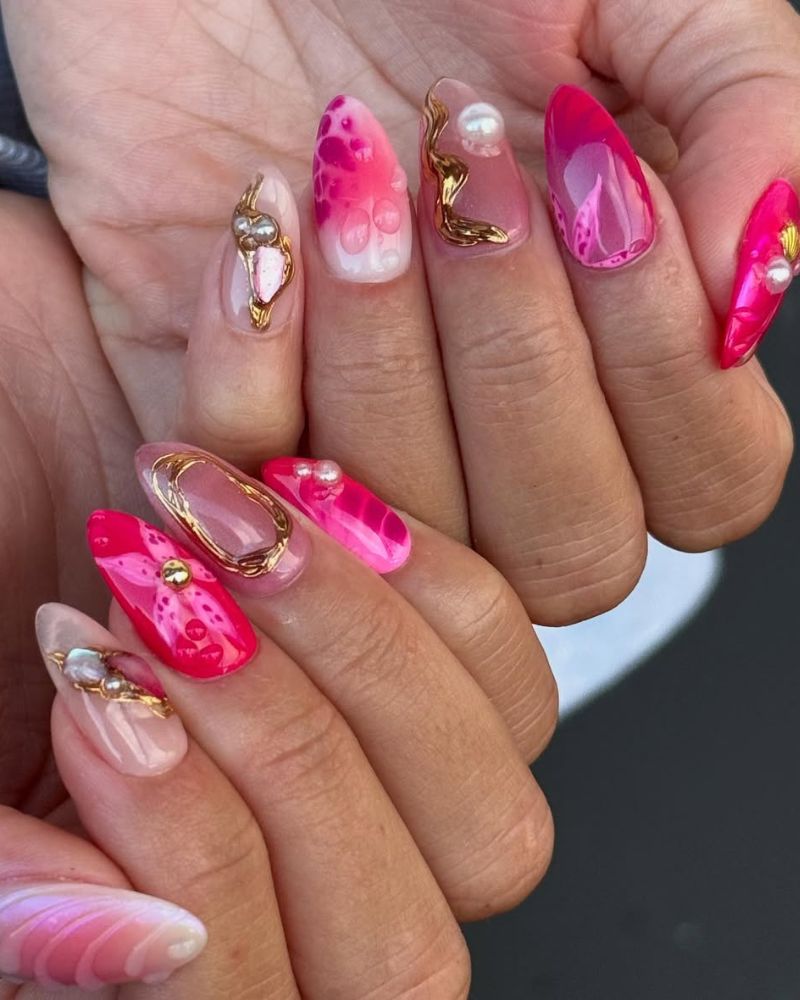hot pink and gold summertime nail art with leopard ombre, gold swirl relief, and pearl details

