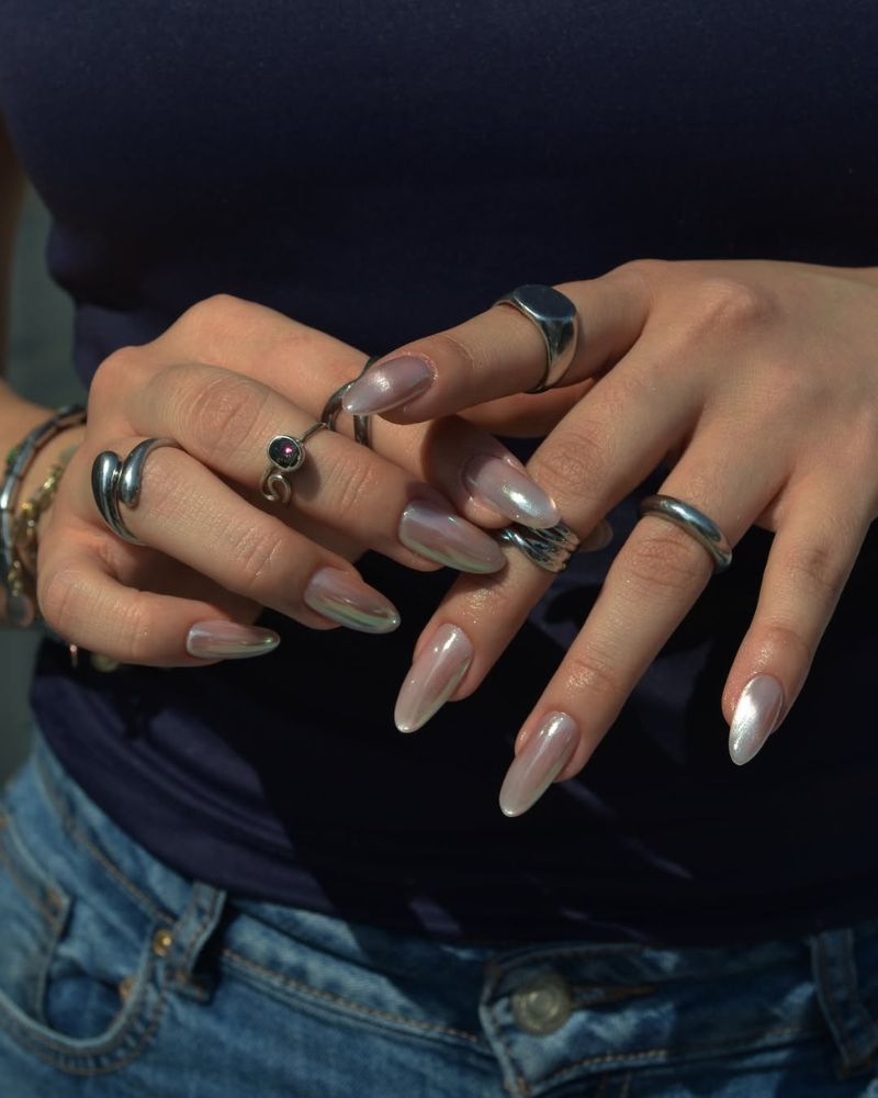 summertime nail design with glazed pearl aurora chrome on long almond nails
