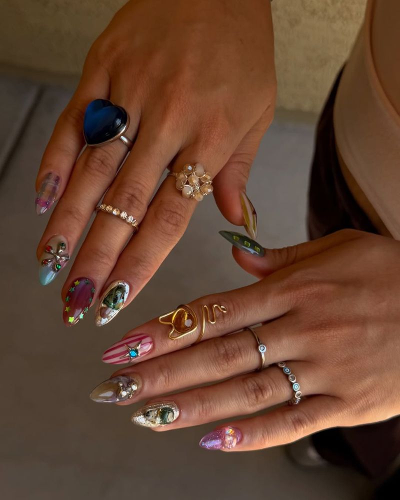 summertime nail art editorial set with portrait cameos, chrome, and iridescent glitter
