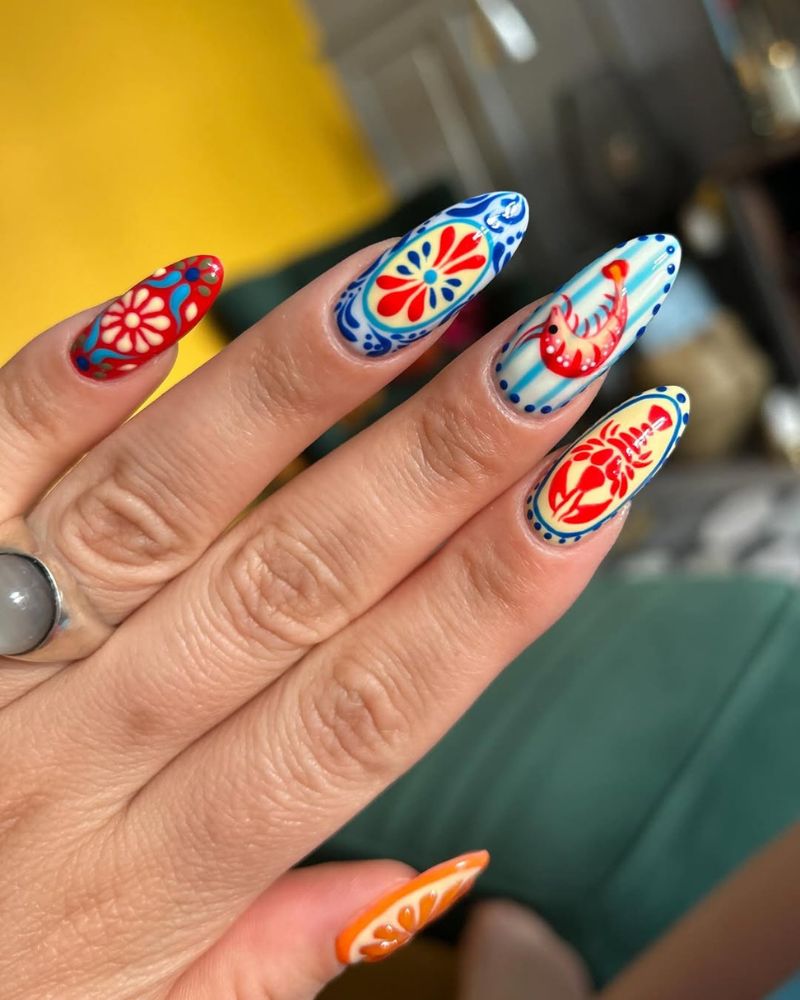 mediterranean summer nail art designs with tile florals painted shrimp and lobster