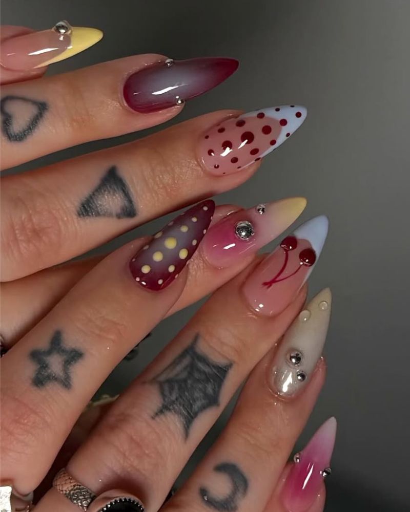 mixed nail art set with cherry design wine ombre polka dots and rhinestone smiley face