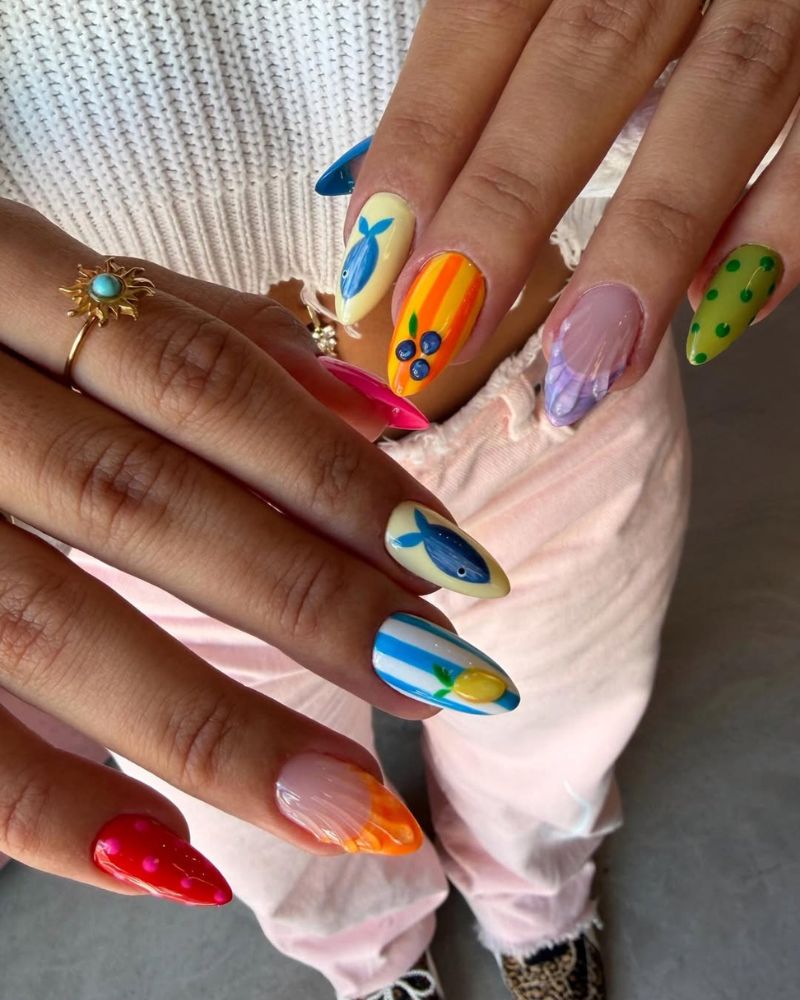 summer nail art designs with hand painted whale fish blueberries and stripes