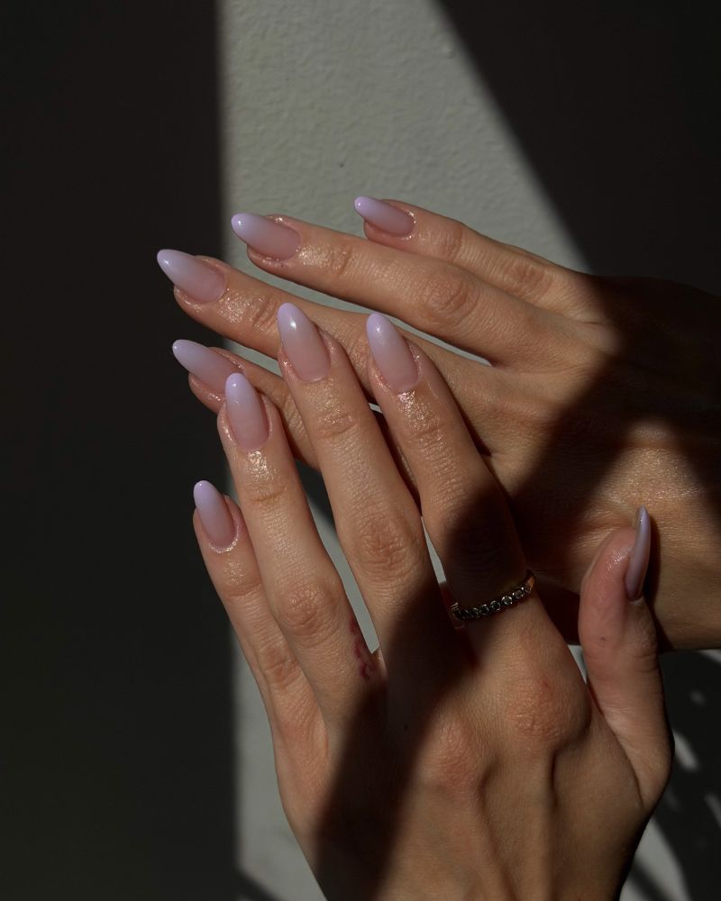 simple back to school nails milky lavender sheer tint on almond nails