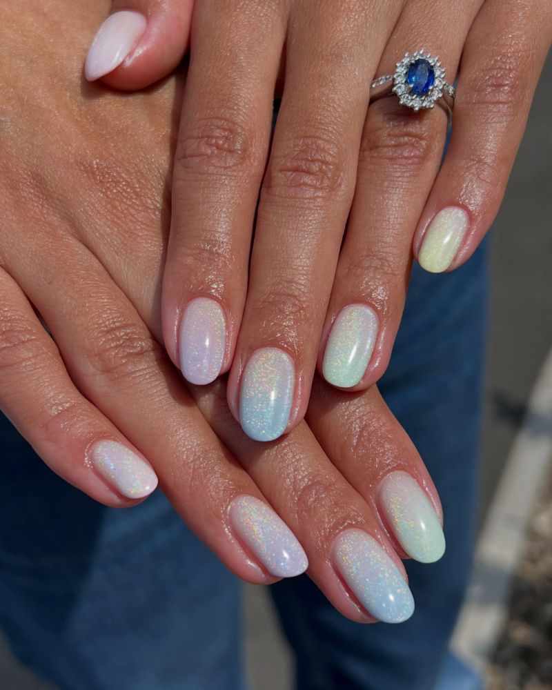 sheer opal iridescent holographic shimmer short round nails