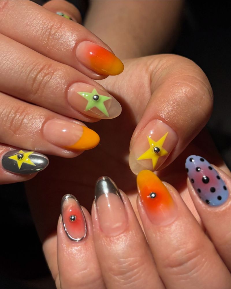 back to school nail designs y2k star mix orange ombre tips chrome and colored stars