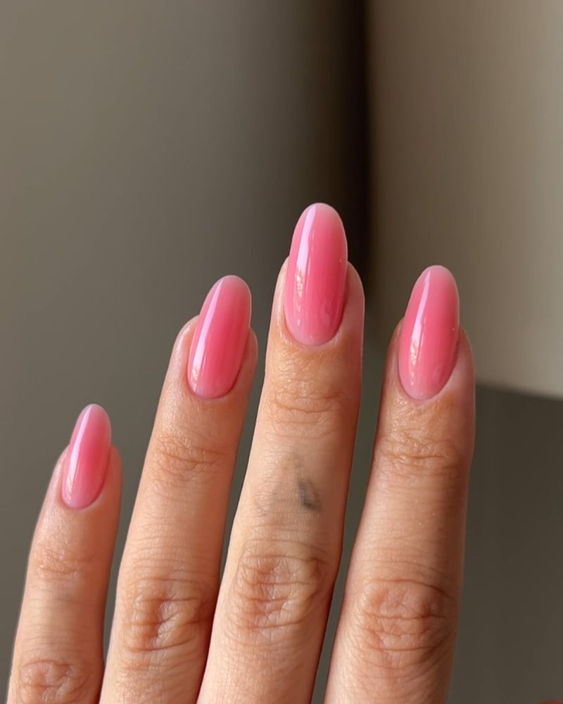 solid bubblegum pink jelly gel finish almond nails