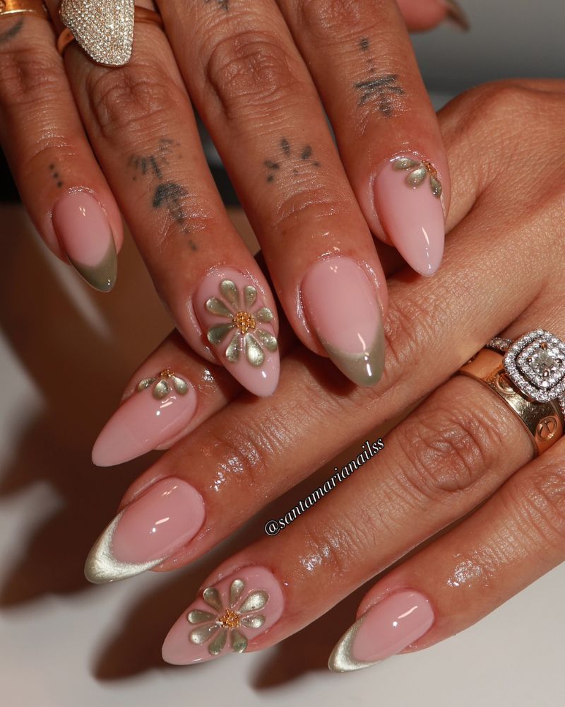 back to school nail designs pink base sage green french tips with 3D silver daisy