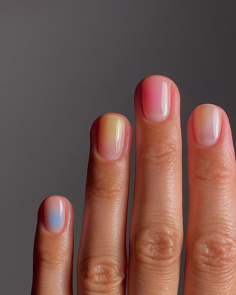 soft aura watercolor short round nails each nail a different color wash