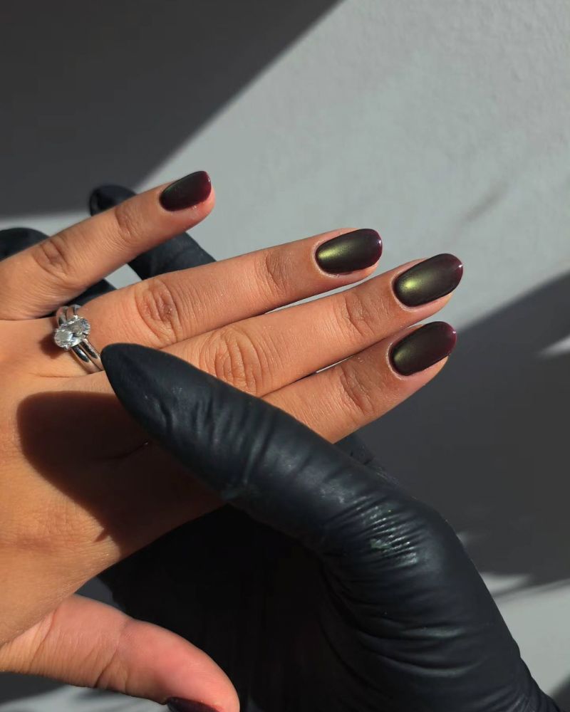 dark wine jelly nails with a bronze-gold cat eye shimmer