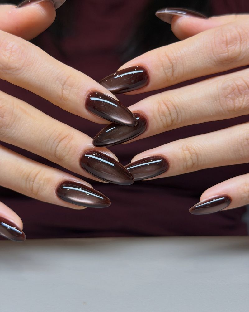 long almond deep rich glossy chocolate espresso brown nails both hands interlaced fingers stacked maroon dark wine top