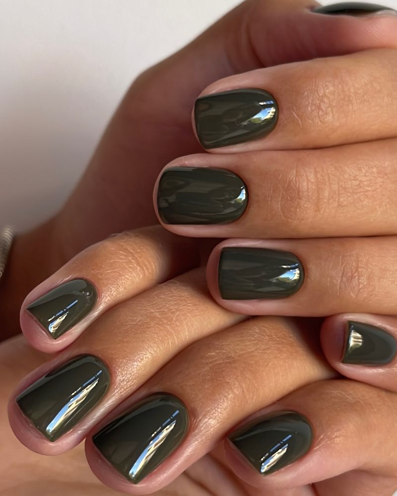 fall nail colors olive green short square glossy