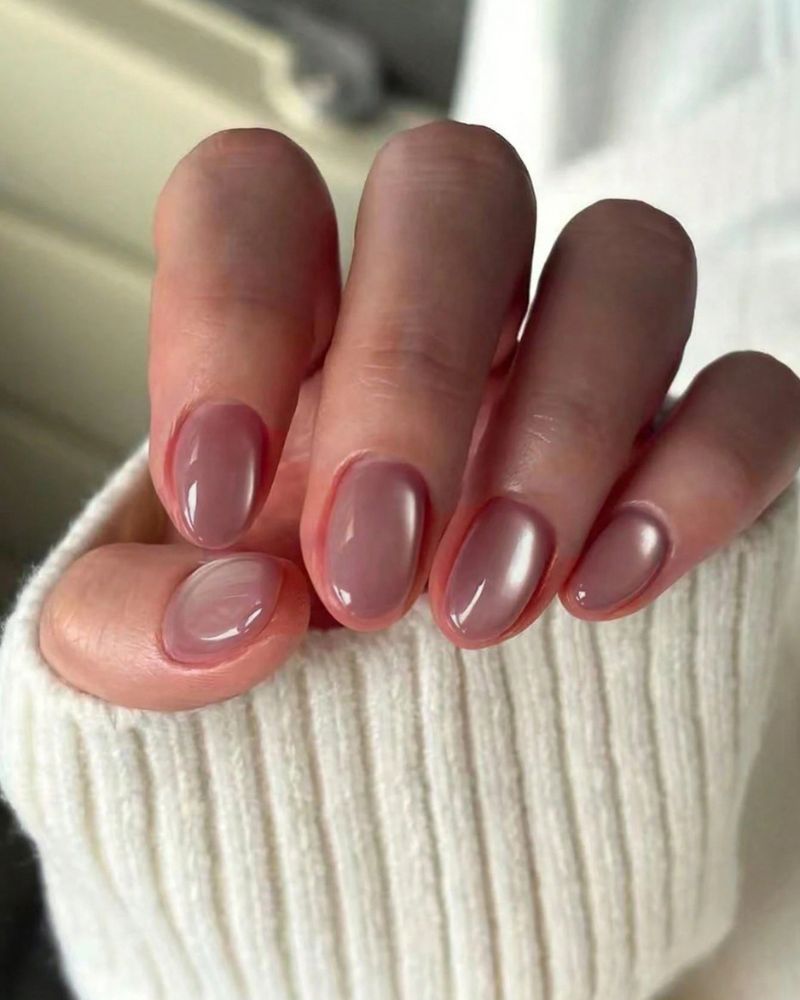 sheer nude blush jelly nails short oval glazed finish