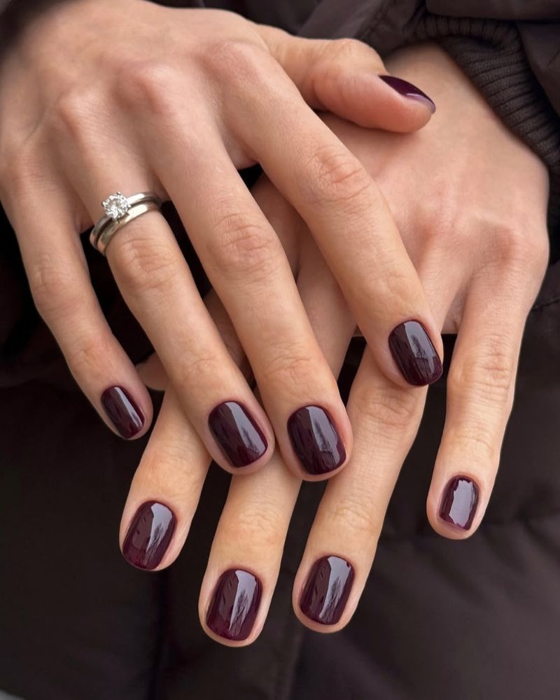 fall nail colors burgundy dark wine gloss on short square nails