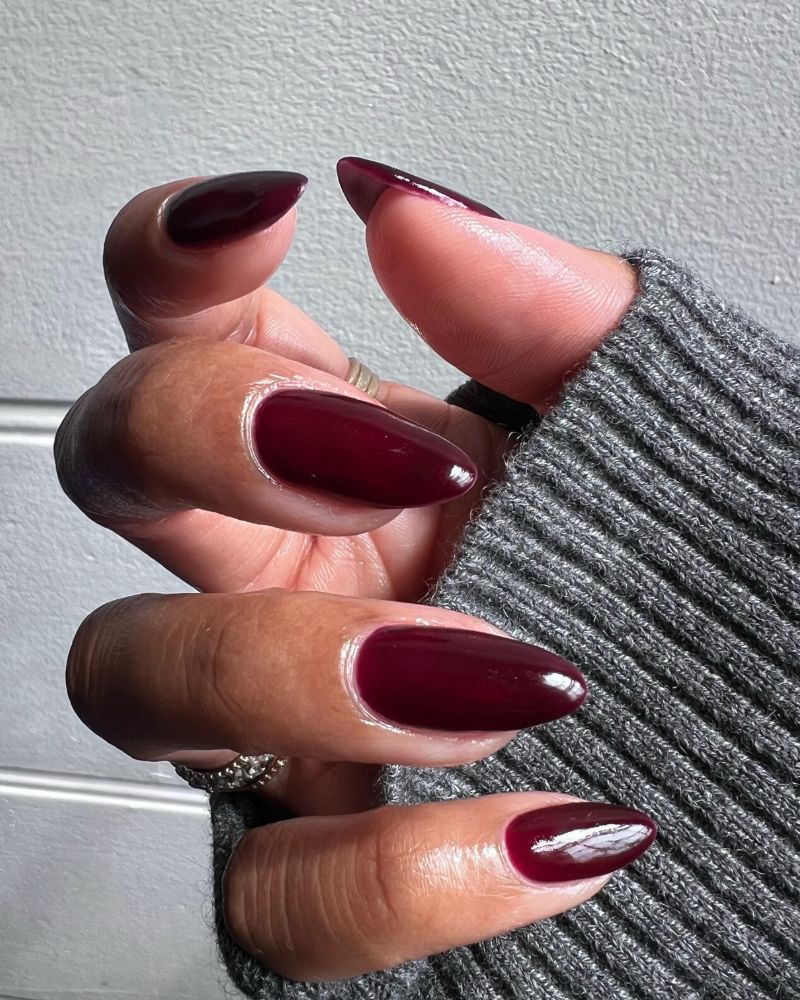 fall nail colors dark red crimson almond nails with grey knit