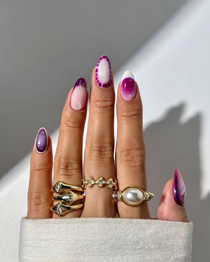 plum watercolor aura nail art set almond with reverse aura and duochrome effects
