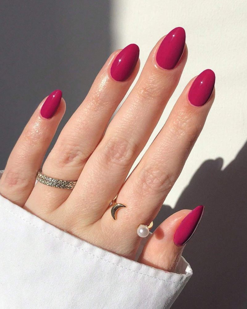 fall nail colors plum berry magenta almond with gold rings