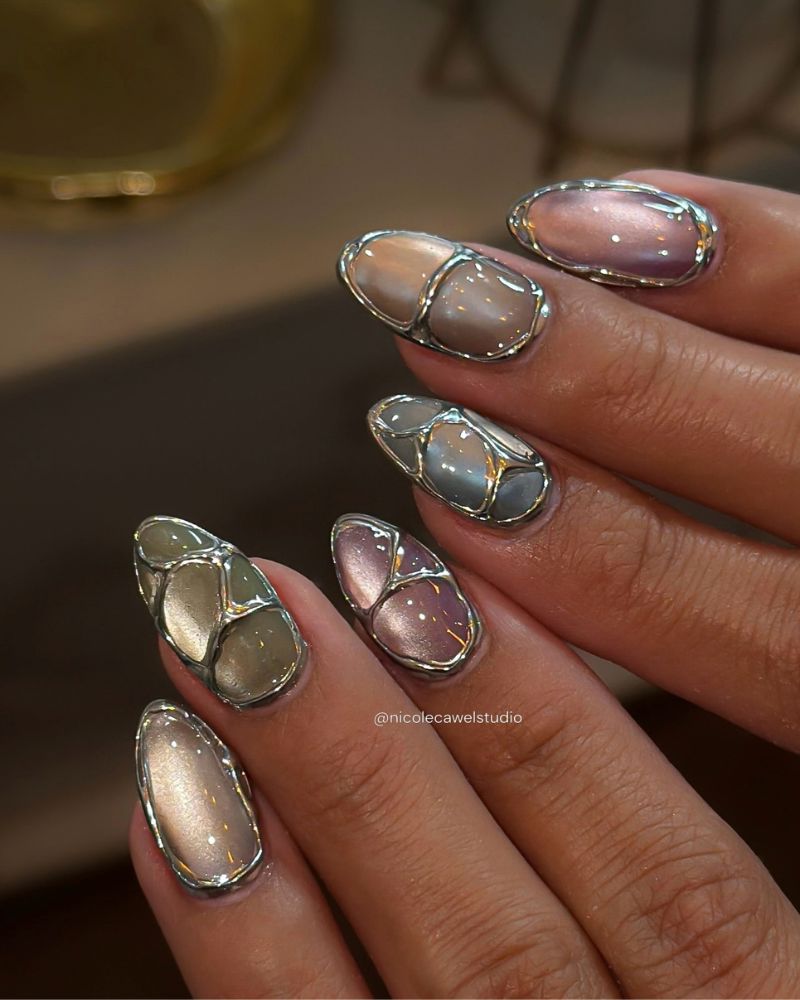 stained glass jelly nail art with raised silver dividers in blush mauve and champagne