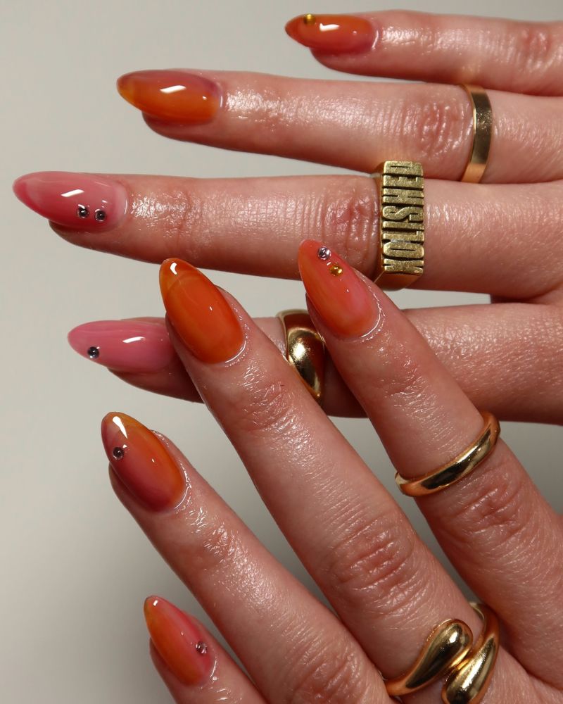 fall nail colors jelly glass finish terracotta pumpkin and pink translucent