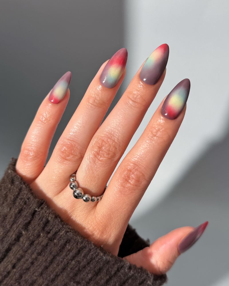 fall nail colors dark aura burgundy olive smoky blend on almond nails
