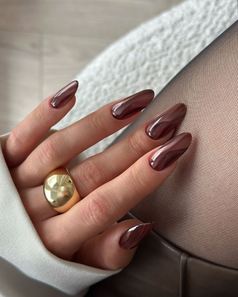 fall nail colors chocolate brown long almond high gloss with gold ring