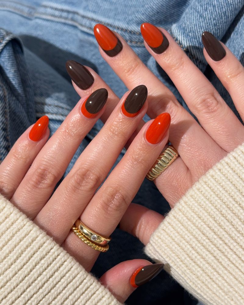 fall nail color ideas terracotta orange and dark brown color block almond nails